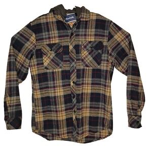 Free Planet Flannel Shirt Mens Large Blue Plaid Removable Hood Flap Pockets nwt